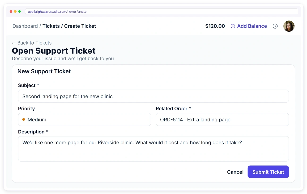 Client opening a support ticket in the Clientish portal, linked to a related order