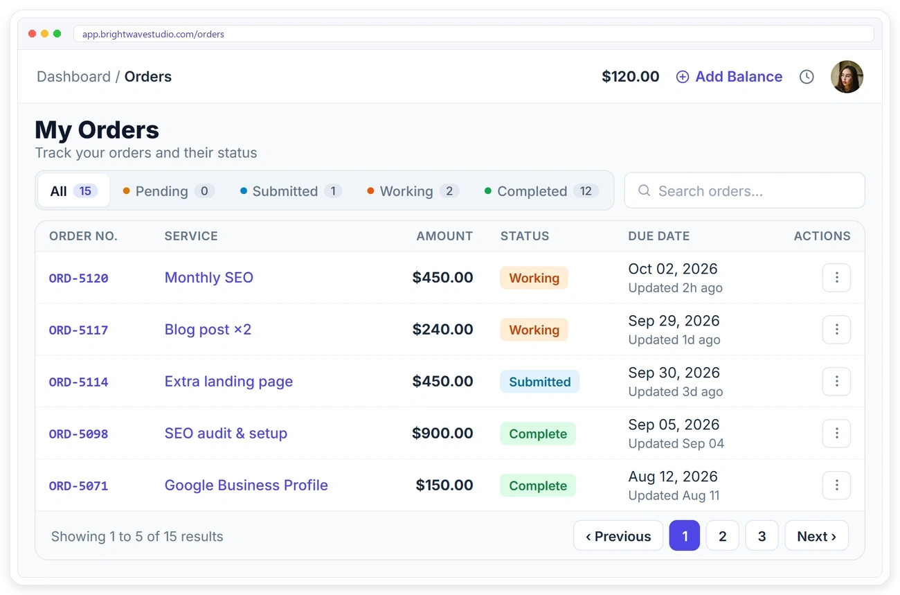 Client portal orders list in Clientish with live status for each order