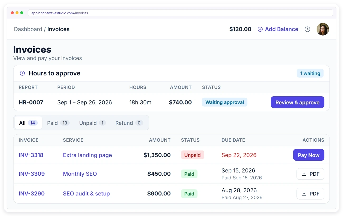 Client portal invoices in Clientish with Pay Now, PDF downloads and hours to approve Client portal invoices in Clientish with Pay Now, PDF downloads and hours to approve