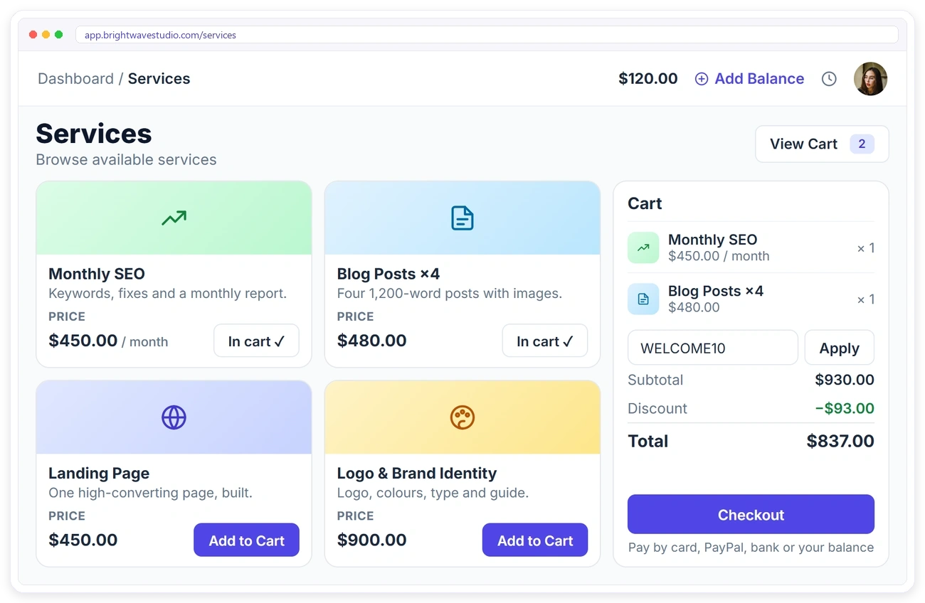 Clients browsing the service catalog in the Clientish client portal, adding services to the cart and applying a coupon Clients browsing the service catalog in the Clientish client portal, adding services to the cart and applying a coupon