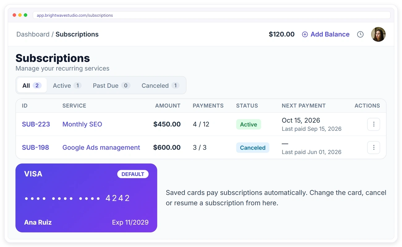 Client portal subscriptions in Clientish with payments, next payment date and a saved card