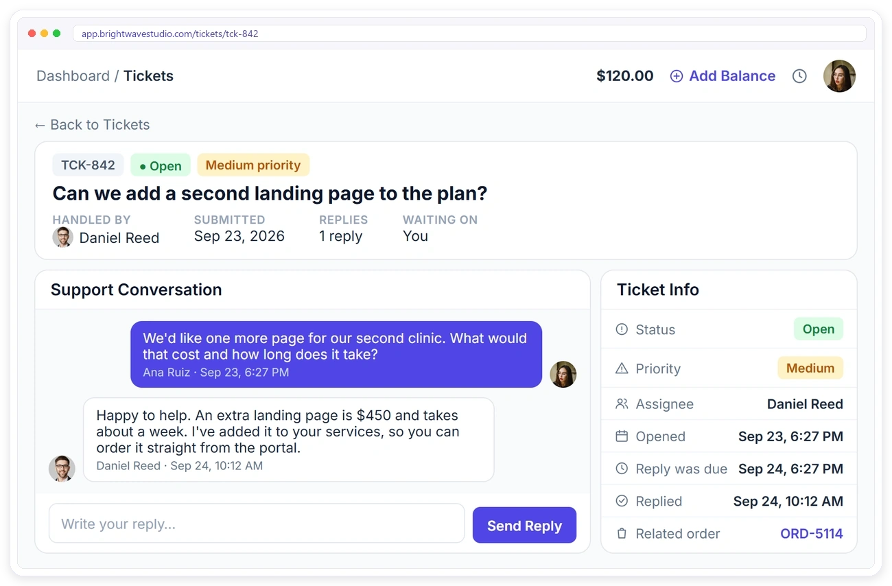 Support ticket in the Clientish client portal with the conversation, priority, status and related order