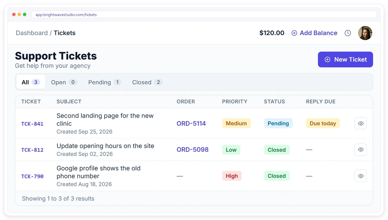 Client portal support tickets in Clientish with status, priority and reply due date Client portal support tickets in Clientish with status, priority and reply due date
