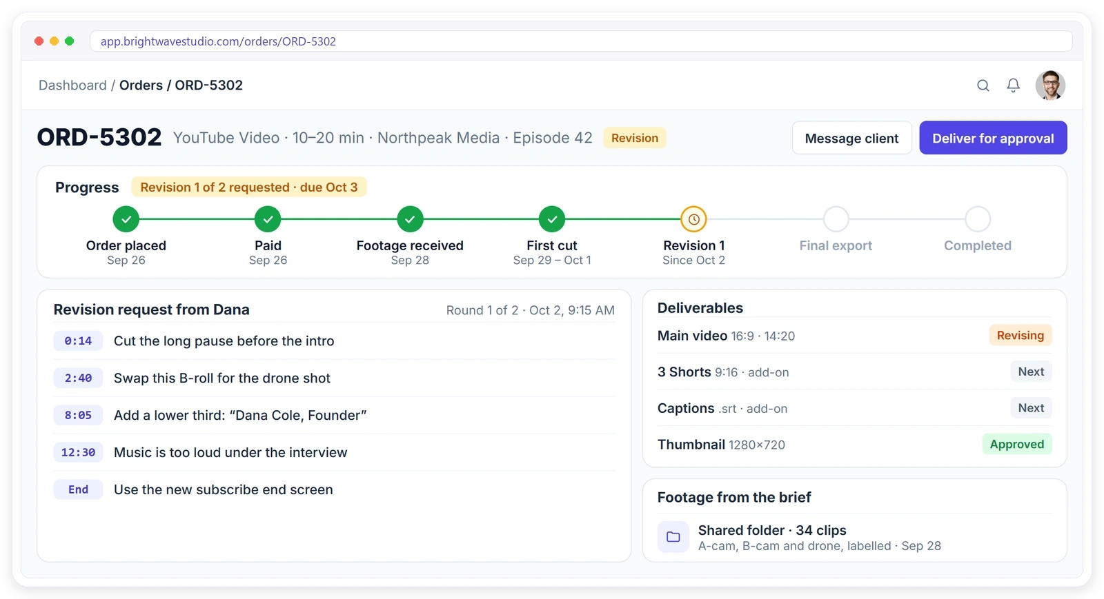 A YouTube video order in Clientish in revision round 1 with the client's timestamped change requests, the deliverables and the footage folder from the brief
