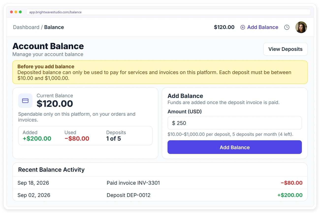 Client wallet balance in the Clientish portal with deposits and balance activity Client wallet balance in the Clientish portal with deposits and balance activity