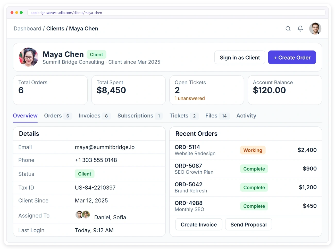A Clientish client profile with total orders, total spent, open tickets, account balance, details and recent orders