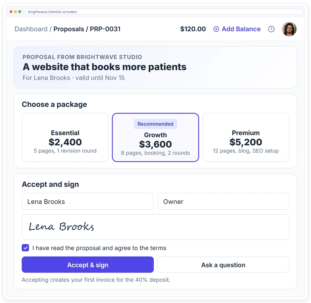 A client choosing a package and accepting and signing a proposal online in Clientish, which creates the deposit invoice