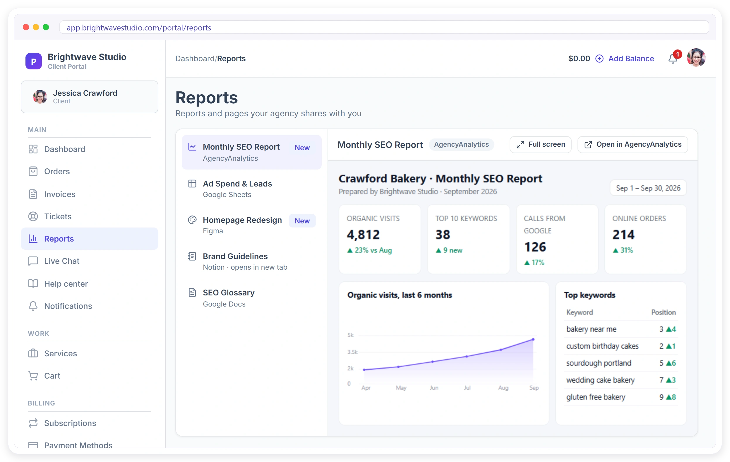 A client's portal Reports page showing their monthly SEO report inside the agency's branded portal, with other reports, designs and docs listed beside it