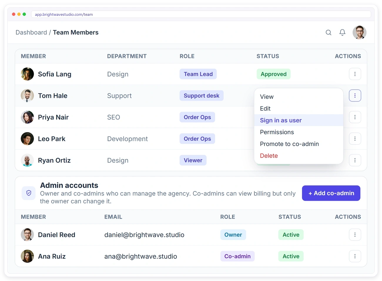 Clientish team member actions including Sign in as user and Promote to co-admin, and the admin accounts with owner and co-admin Clientish team member actions including Sign in as user and Promote to co-admin, and the admin accounts with owner and co-admin