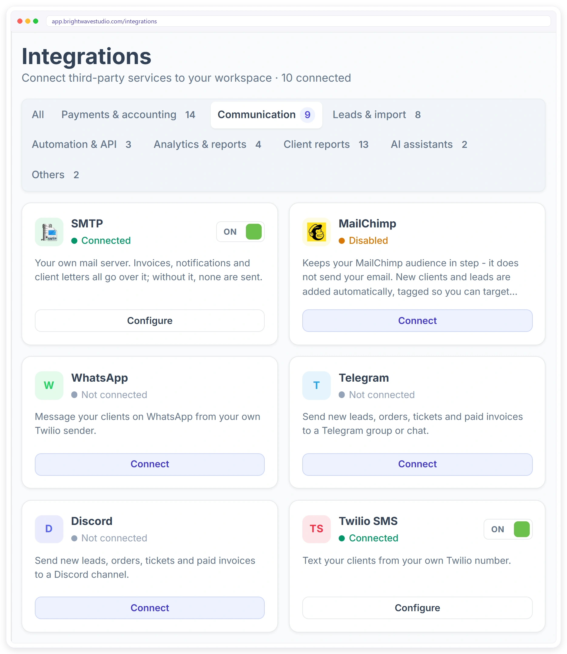 Communication integrations: your own SMTP, MailChimp, WhatsApp and SMS through Twilio, Slack, Microsoft Teams, Discord and Telegram