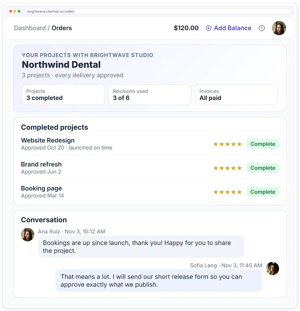 Completed projects in the Clientish client portal with every delivery approved, five-star ratings and the client agreeing to a case study