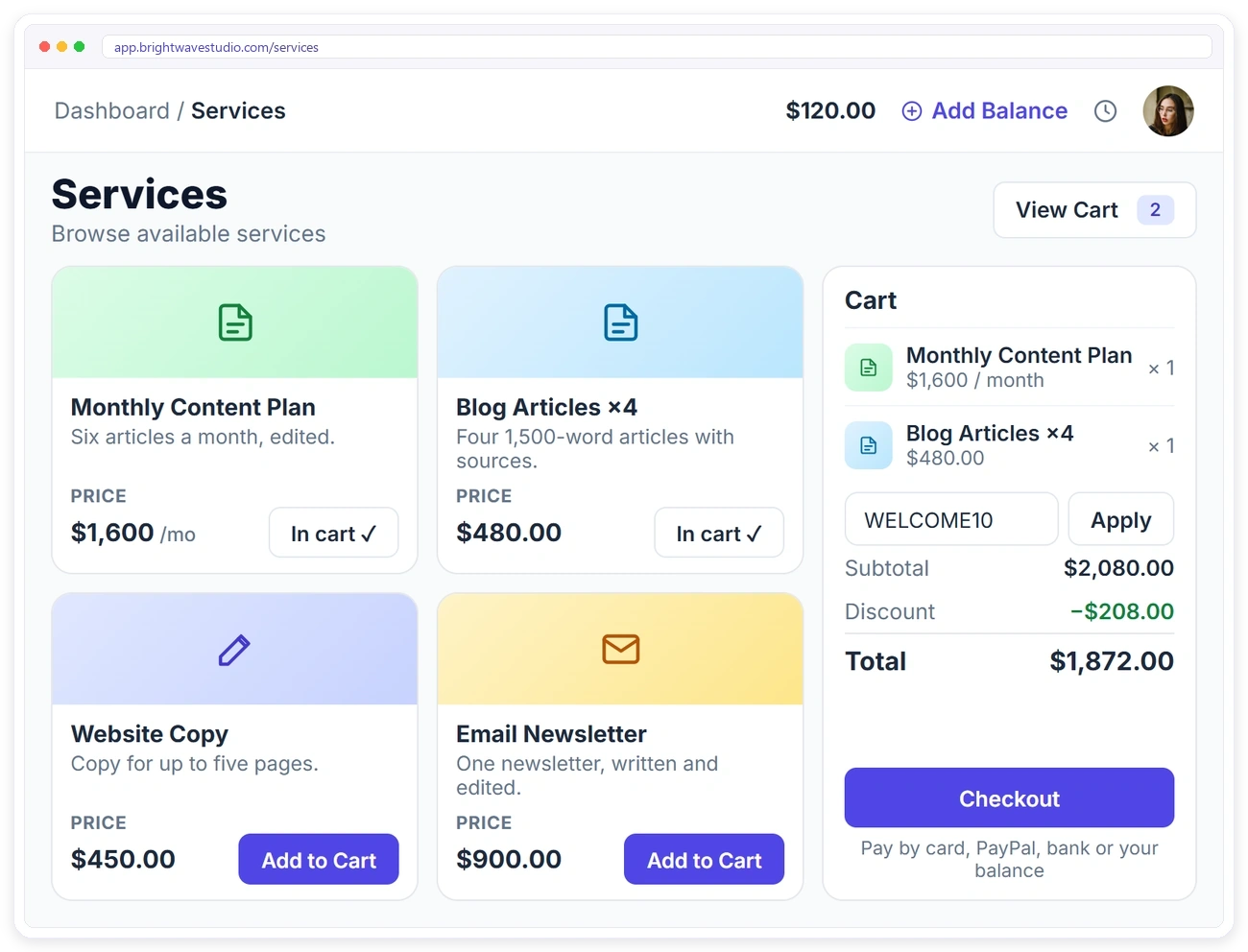 A content client ordering a monthly content plan and blog articles from the service catalog in the Clientish client portal