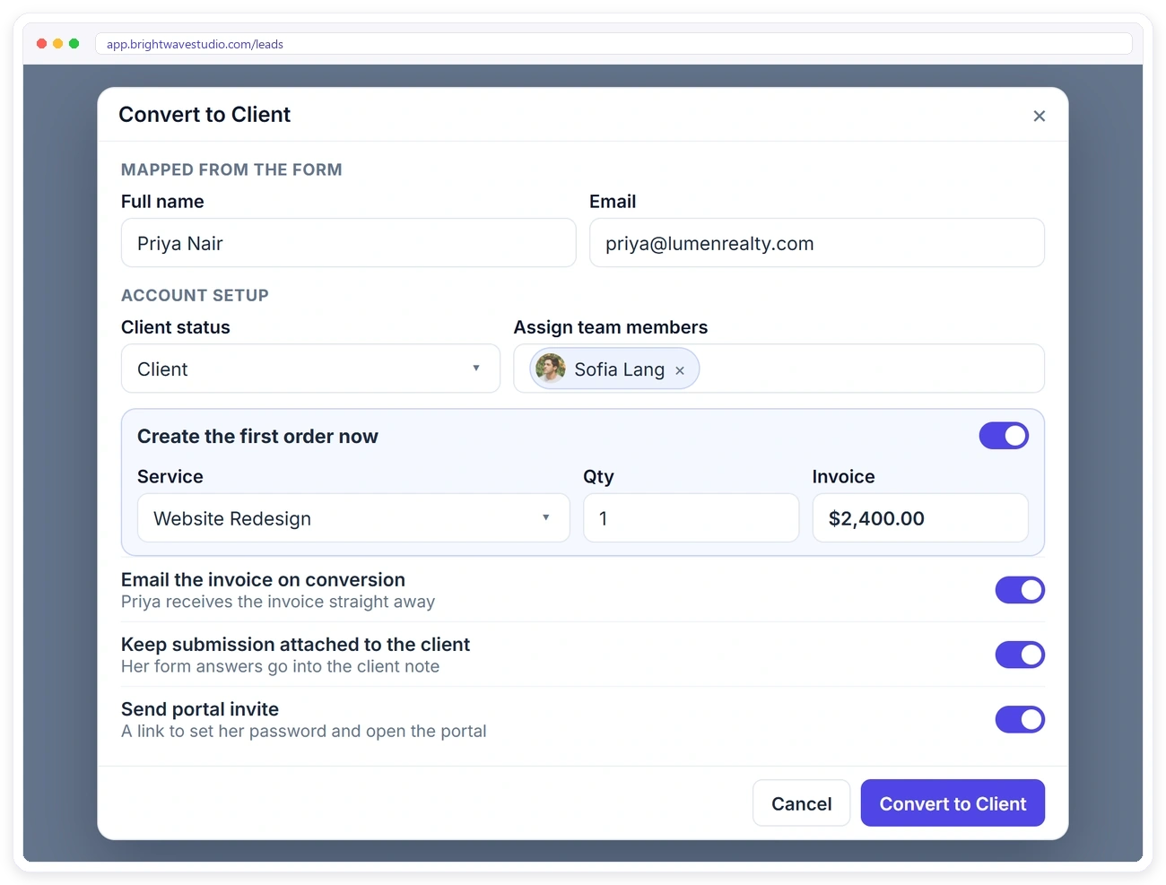 Converting a lead to a client in Clientish with the first order, invoice email, form answers and portal invite
