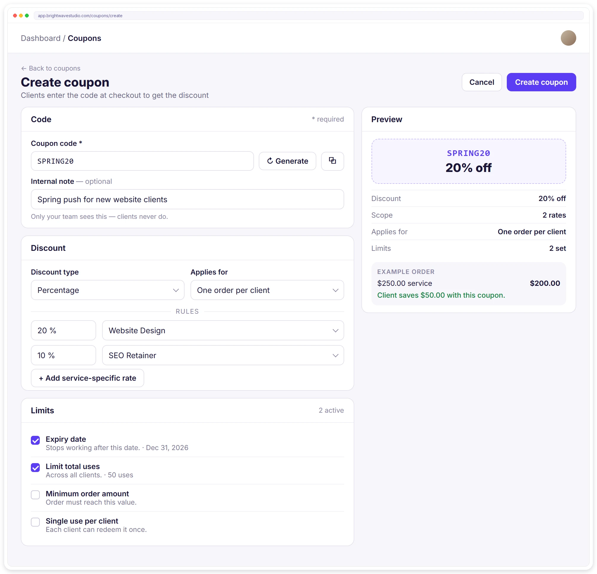 Create coupon: a code, percentage or fixed discount, a different rate per service, one order per client, limits and a live preview Create coupon: a code, percentage or fixed discount, a different rate per service, one order per client, limits and a live preview