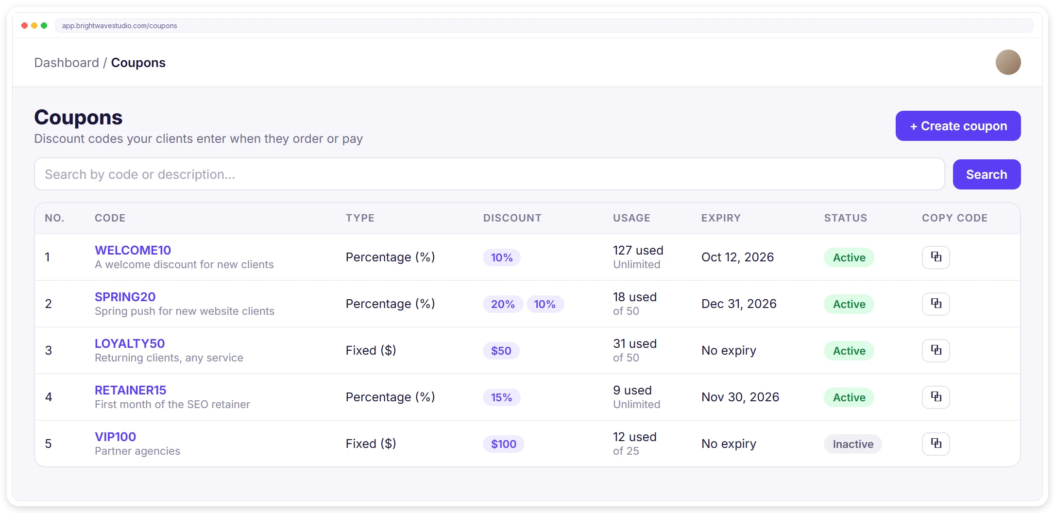 Coupons list with each code, its type and discount, how many times it was used, expiry, status and a copy button Coupons list with each code, its type and discount, how many times it was used, expiry, status and a copy button