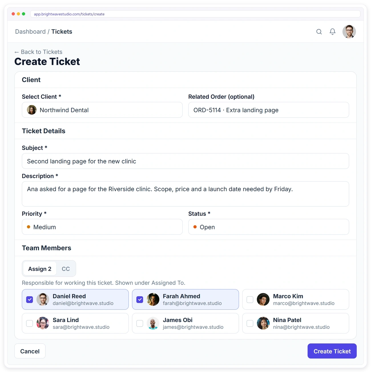 Creating a support ticket in Clientish with client, related order, priority, status and assigned team members Creating a support ticket in Clientish with client, related order, priority, status and assigned team members