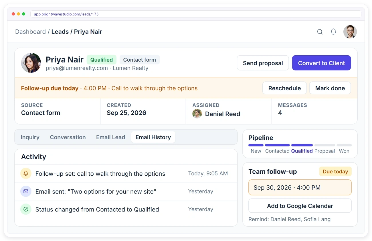 A Clientish lead page with a follow-up due today, the pipeline stage, email history and a team follow-up reminder
