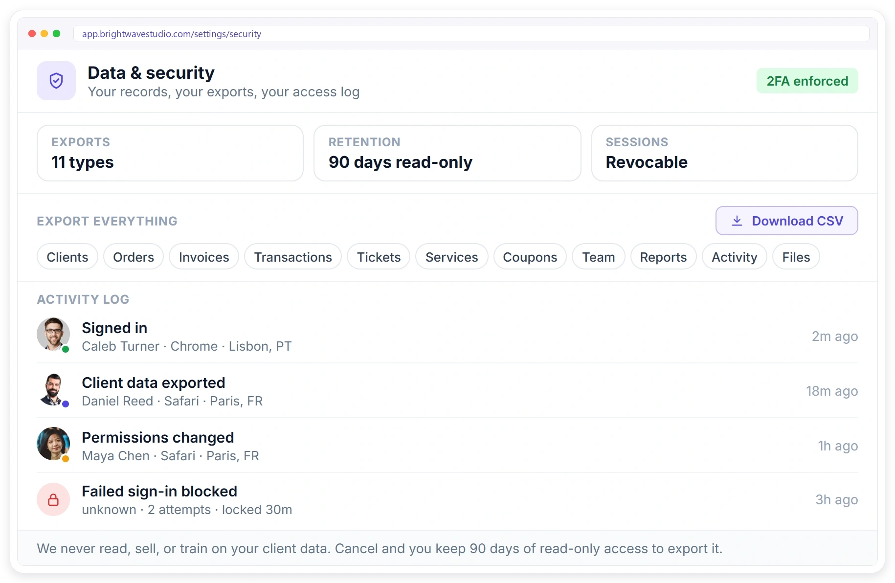 Clientish data security Clientish data and security settings with data export, retention, sessions and an access activity log