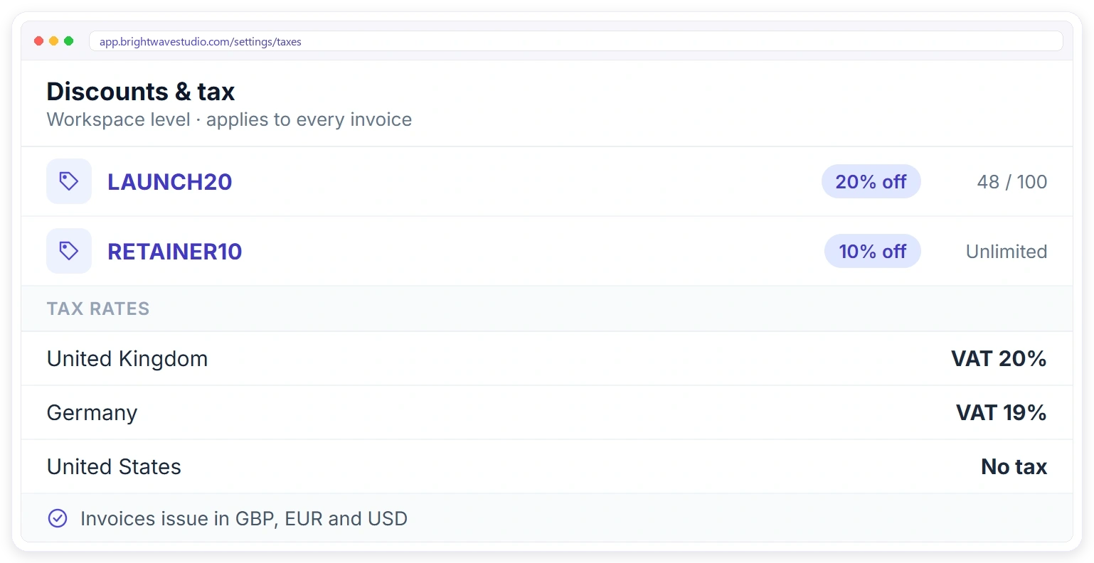 Clientish workspace coupons and tax rates for the United Kingdom, Germany and the United States