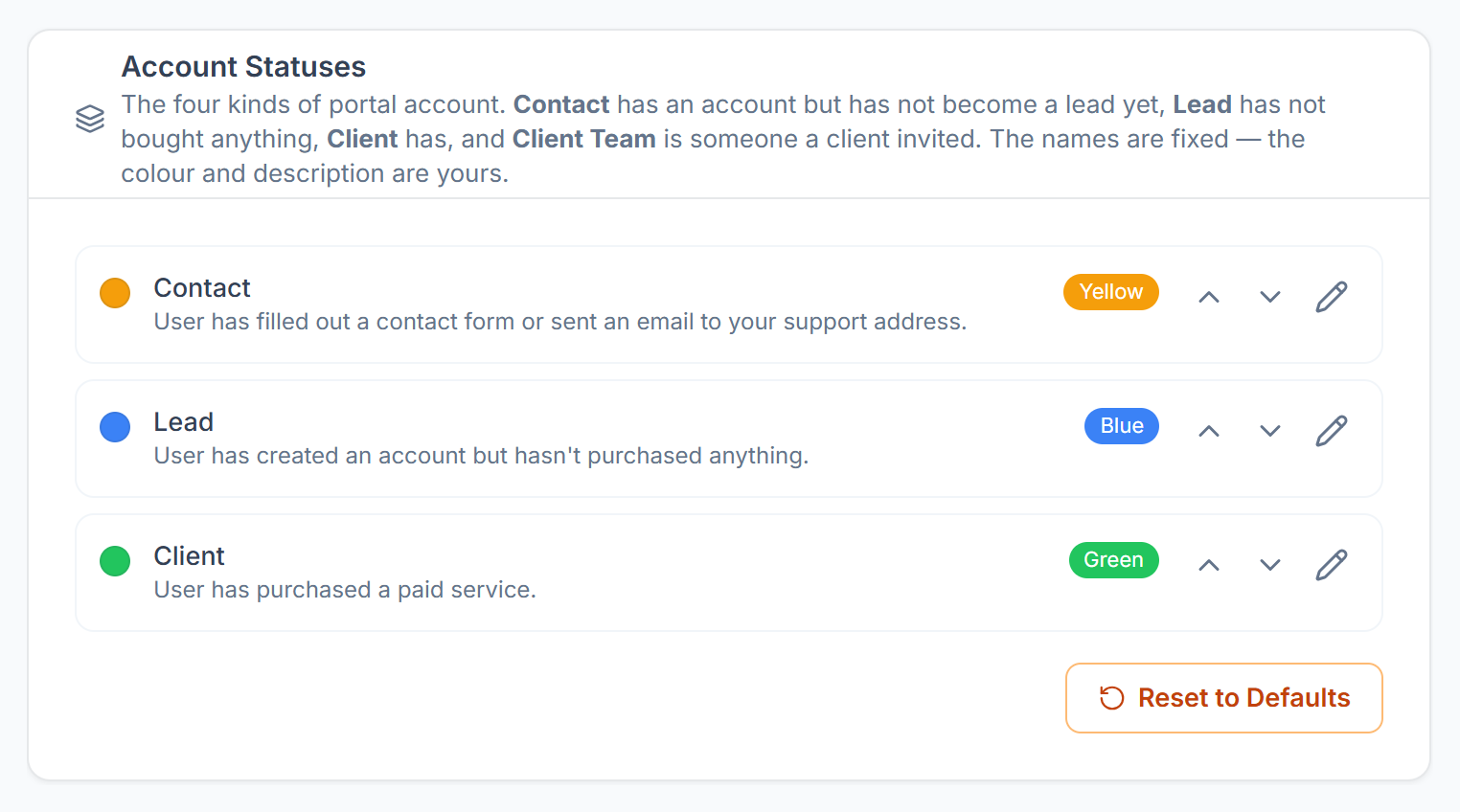 Account Statuses settings with colour and description for each status