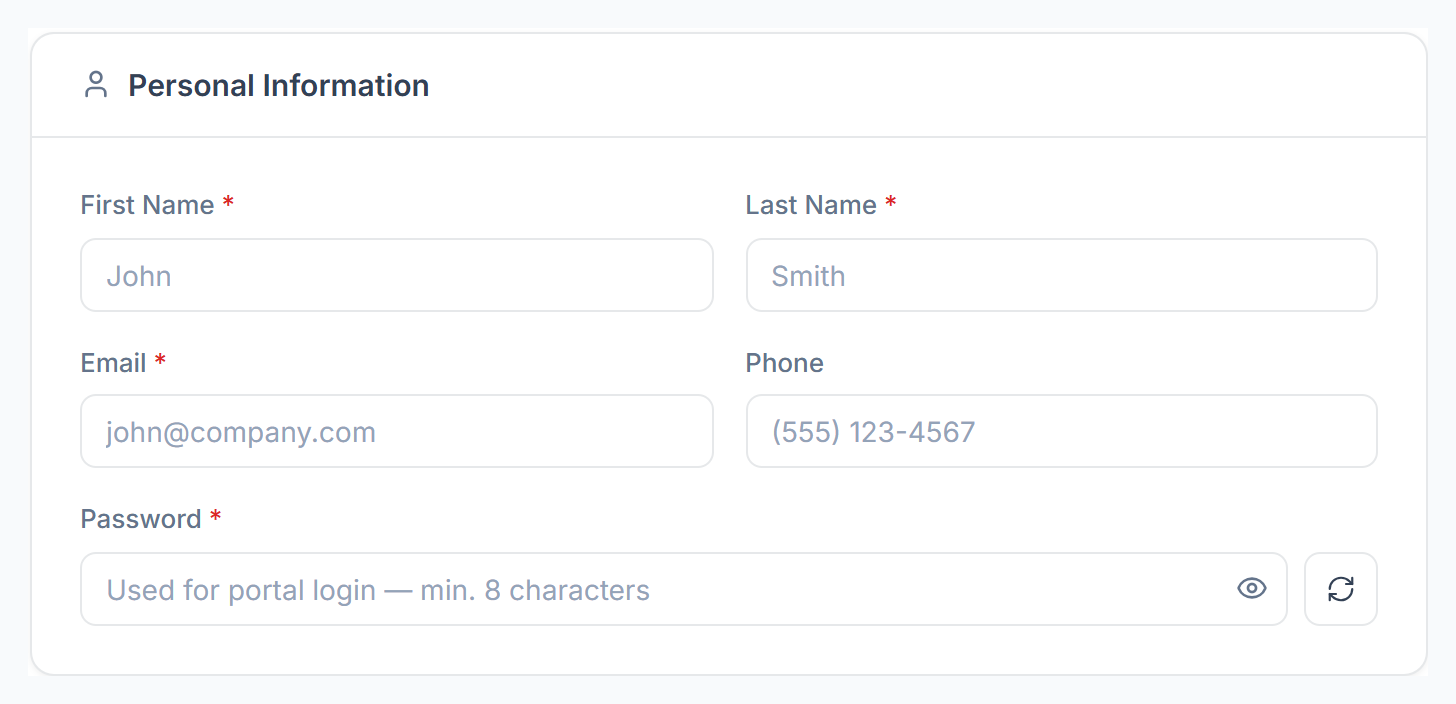 Add Client form, Personal Information: first name, last name, email, phone and password