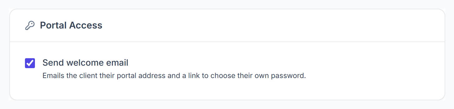 Add Client form, Portal Access with the Send welcome email box