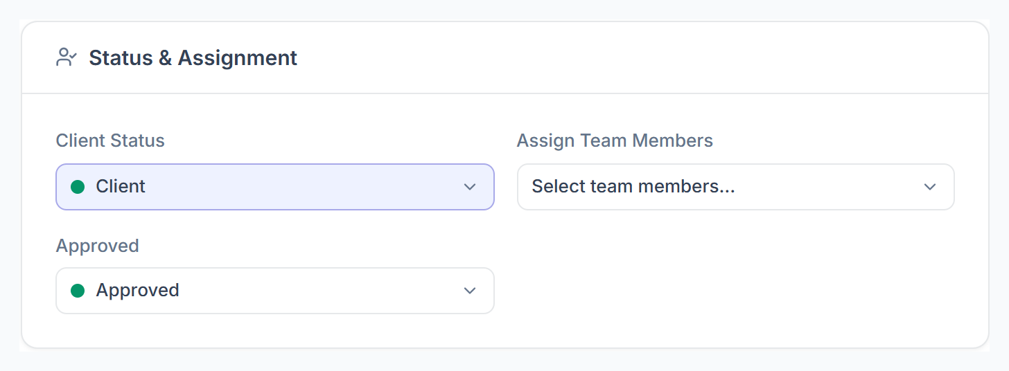 Add Client form, Status & Assignment: client status, team members and Approved
