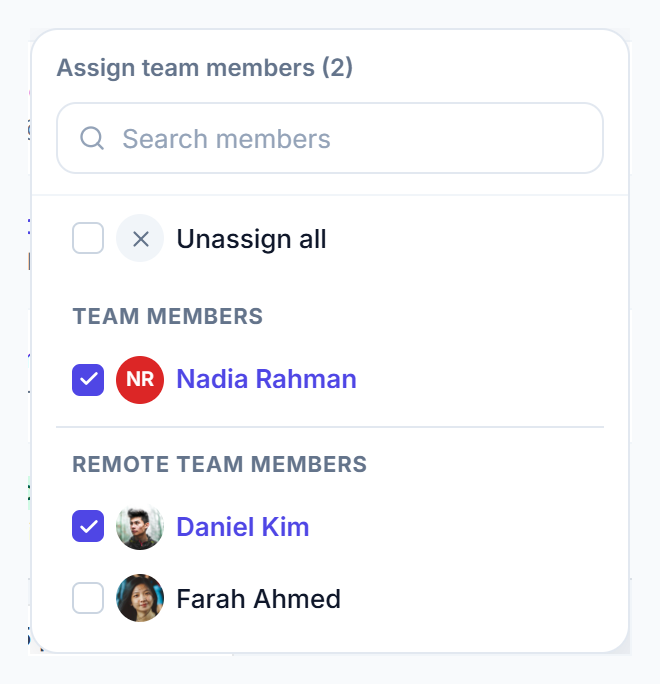 Assign team members menu with Unassign all, team members and remote team members