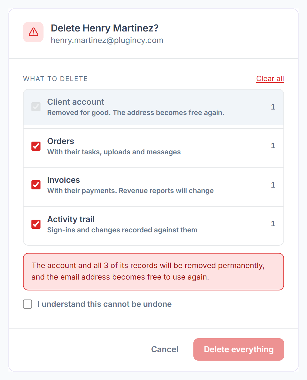 Delete client dialog listing the client’s orders, invoices and activity trail to delete