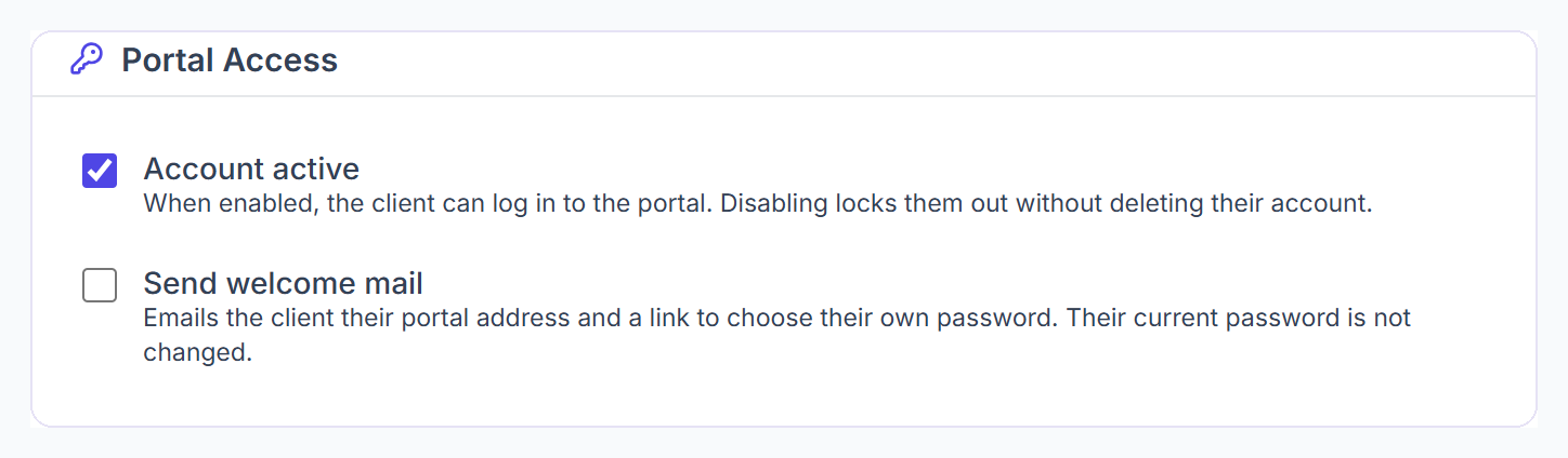 Edit client, Portal Access with Account active and Send welcome mail