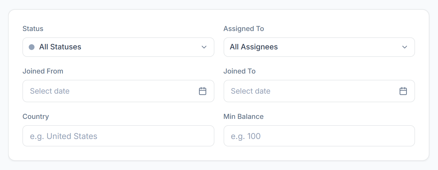 Client filters: Status, Assigned To, Joined From, Joined To, Country and Min Balance