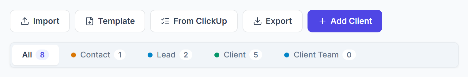 Clients page buttons Import, Template, From ClickUp, Export and Add Client, with the status tabs and their counts