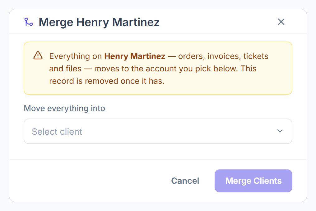 Merge dialog: everything moves to the account you pick, and this record is removed