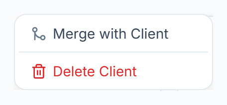 Client profile more menu with Merge with Client and Delete Client
