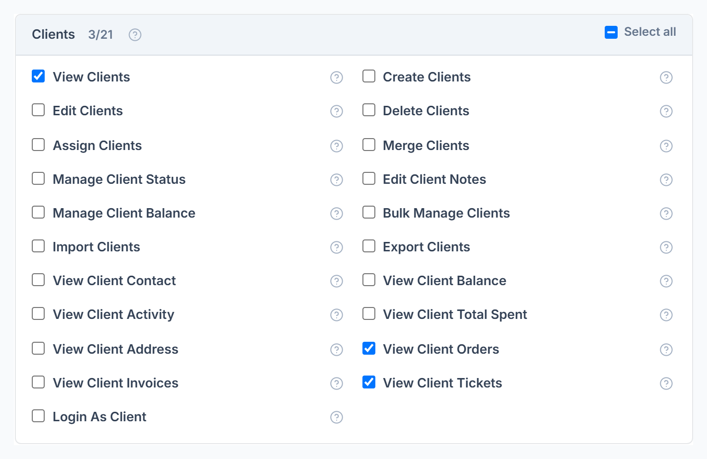 The 21 Clients permissions in Roles & Permissions