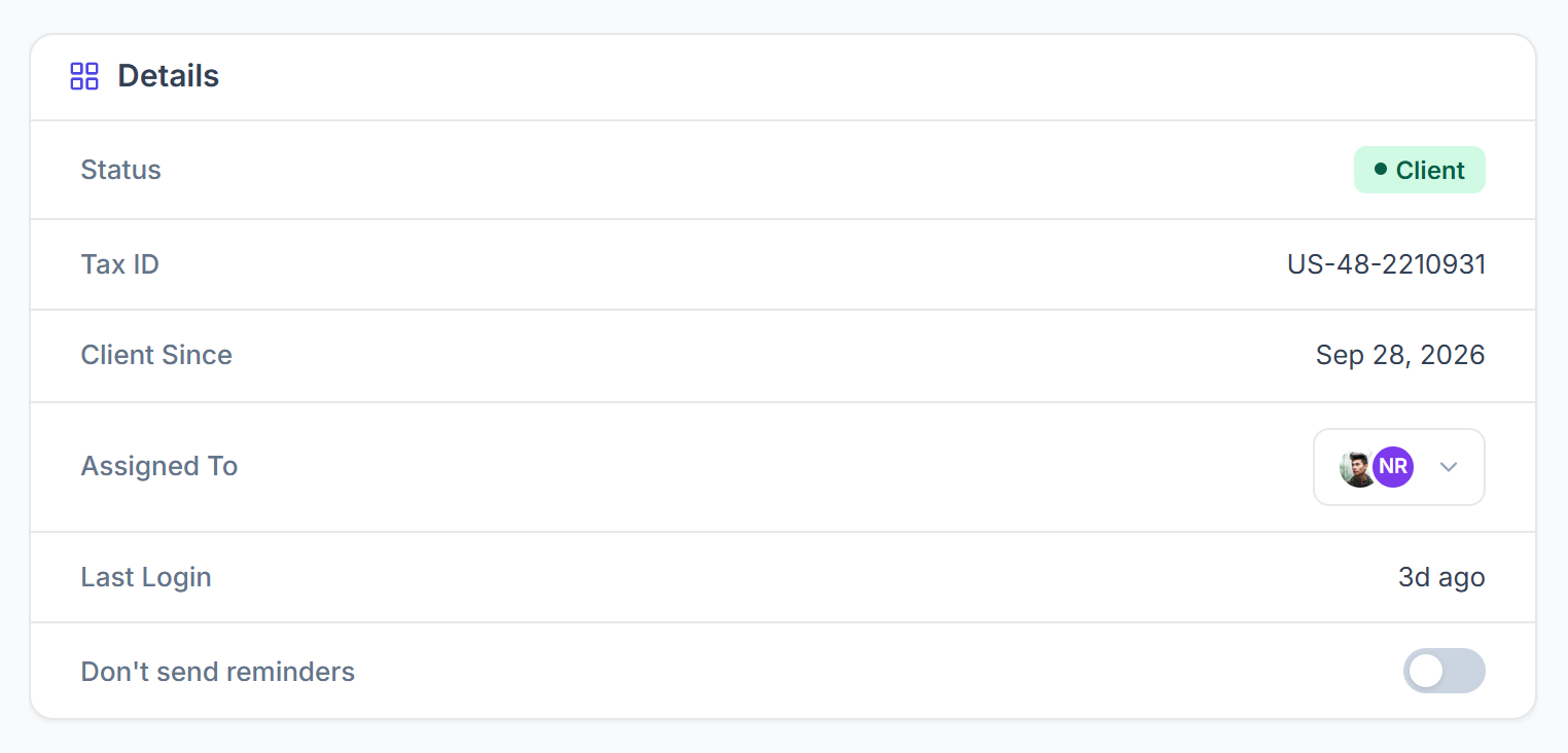 Client Details card: status, tax ID, client since, assigned to, last login and the reminders switch
