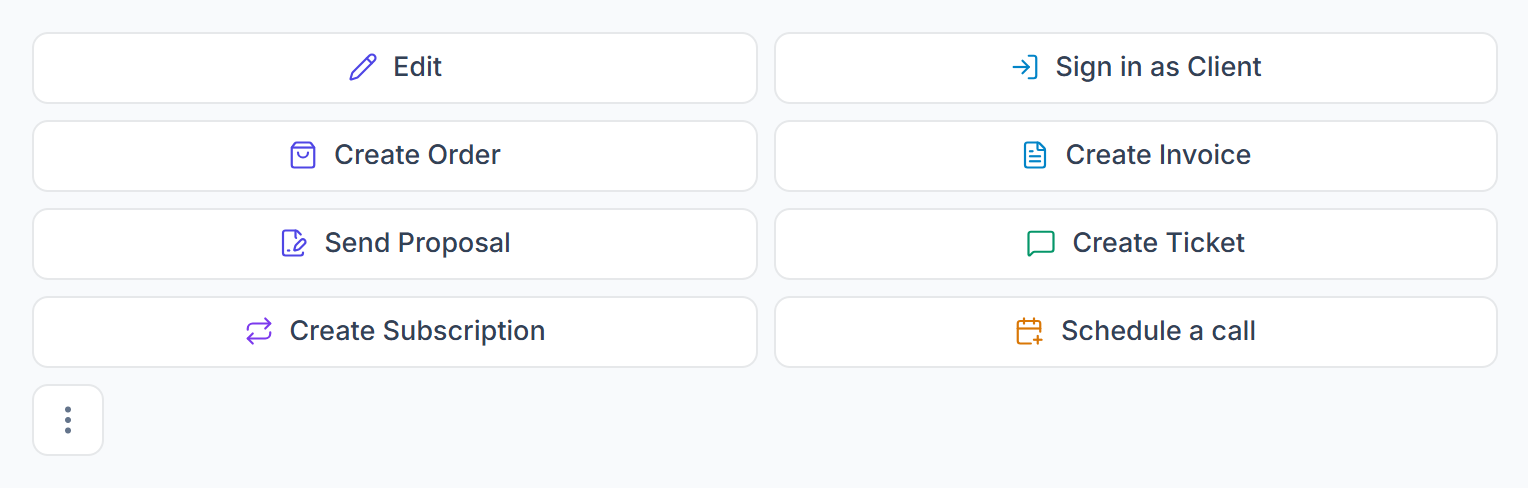Client profile buttons: Edit, Sign in as Client, Create Order, Create Invoice, Send Proposal, Create Ticket, Create Subscription, Schedule a call and the more menu