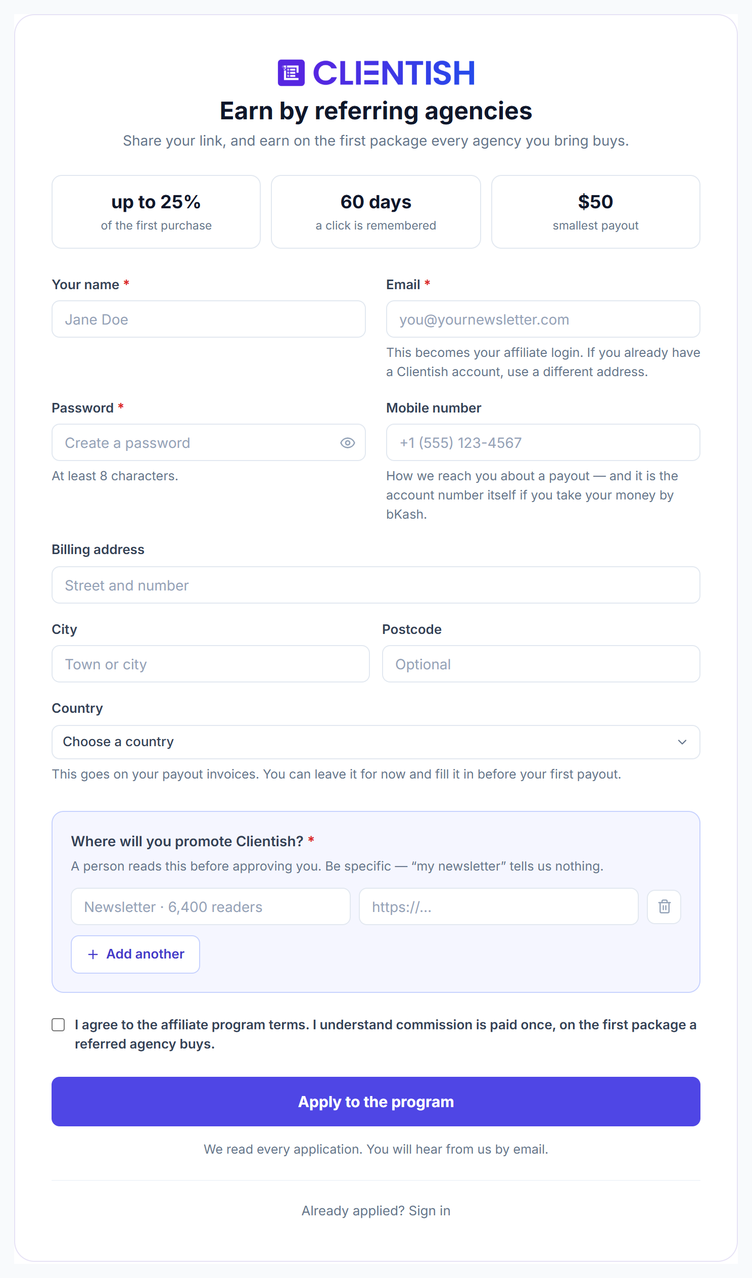 Affiliate application form with rate, click window, minimum payout and your details