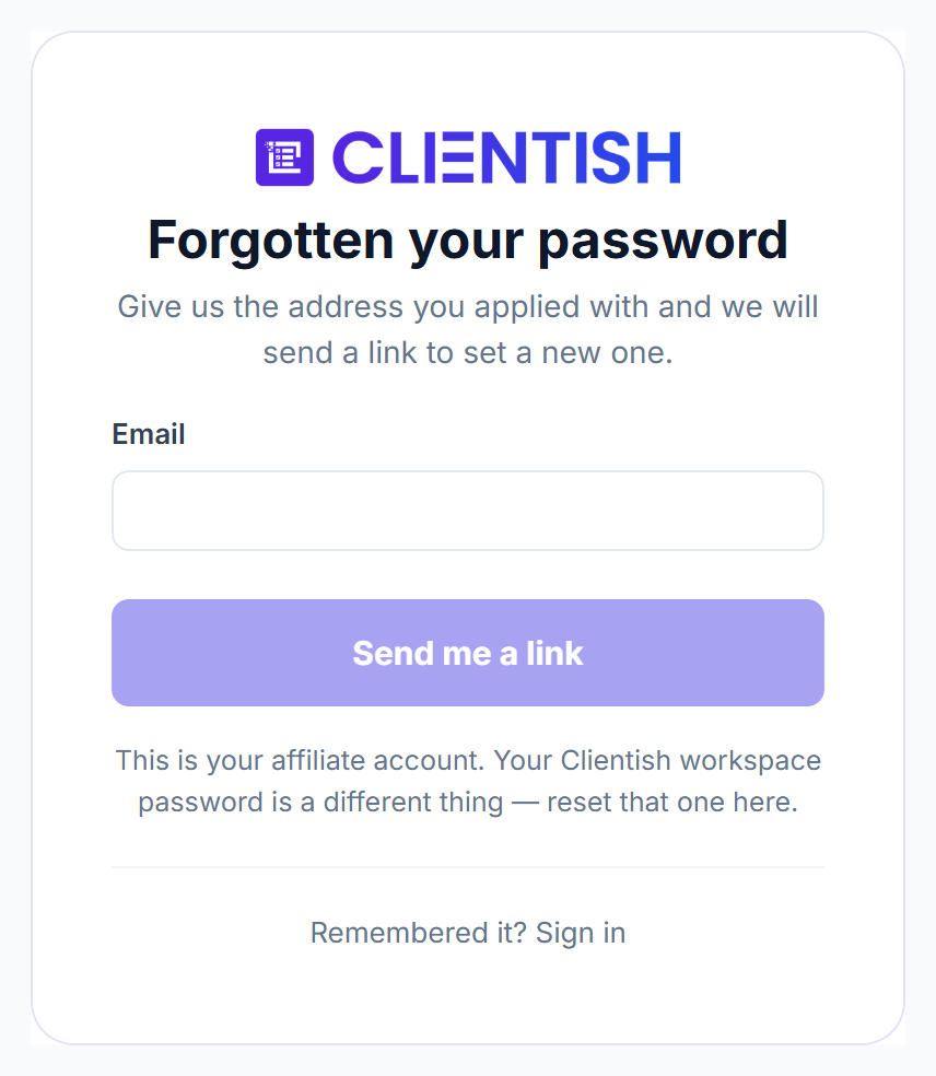 Forgotten your password page for affiliate accounts
