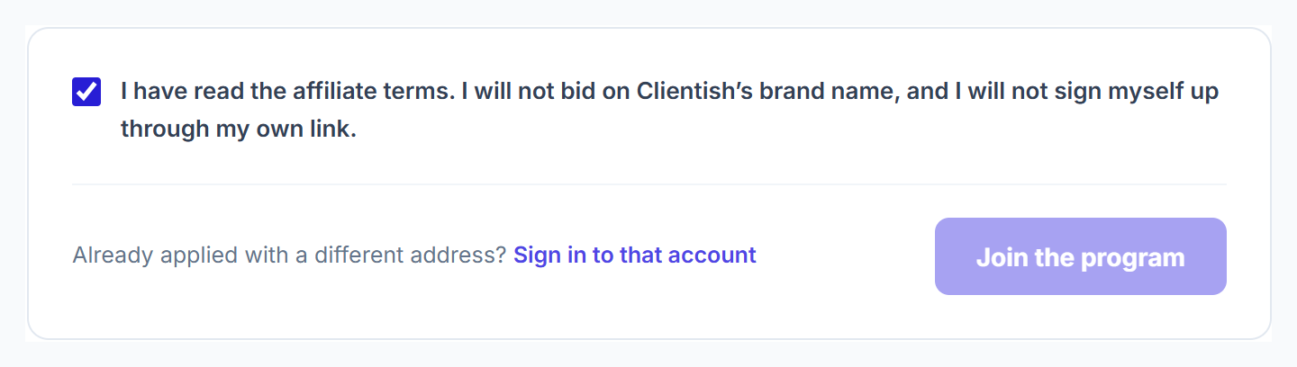 Affiliate terms checkbox and the Join the program button