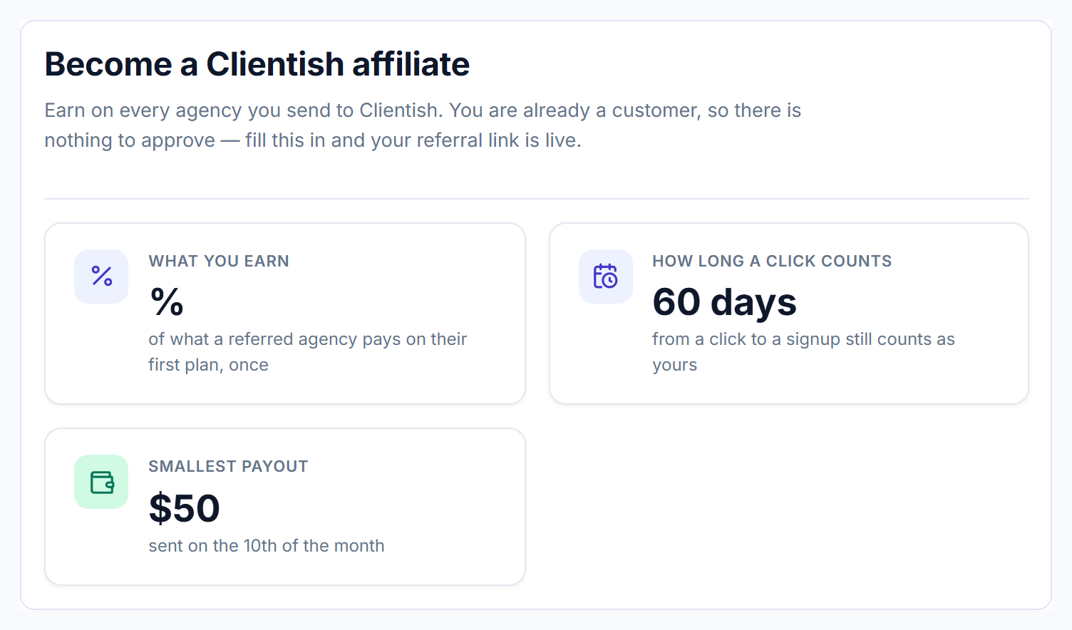 Become a Clientish affiliate page with what you earn, how long a click counts and the smallest payout