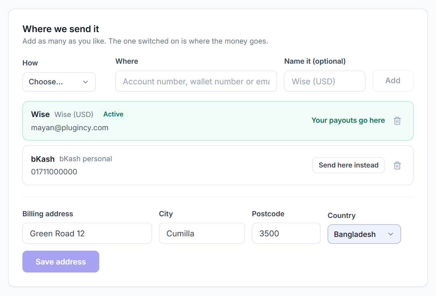 Where we send it: payout methods, the active one, and the billing address