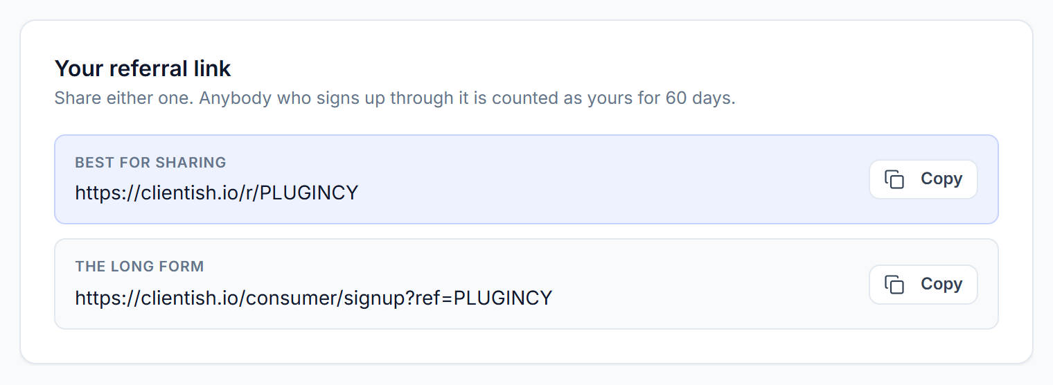 Your referral link with the short link and the long form, each with a Copy button