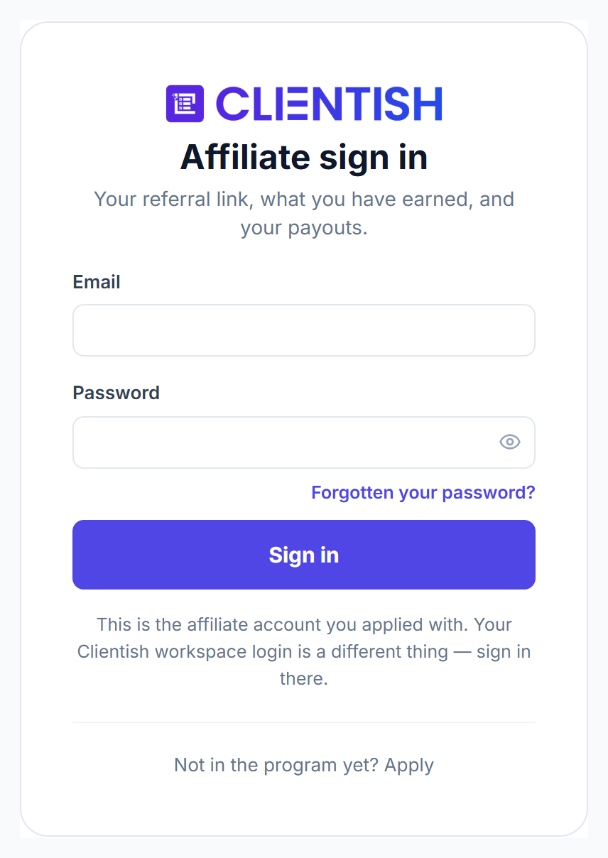 Affiliate sign in page with email, password and Forgotten your password link