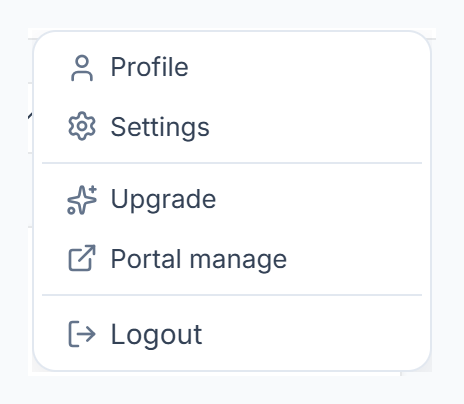 Agency avatar menu with Profile, Settings, Upgrade and Portal manage