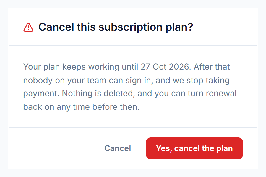 Cancel this subscription plan confirmation