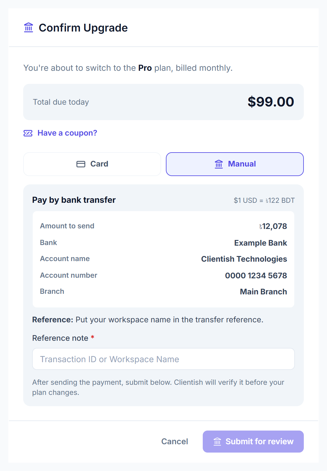 Confirm Upgrade window with manual bank transfer details and a reference note