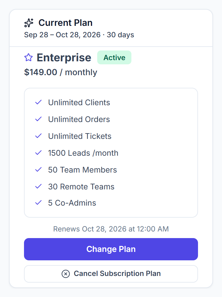 Current Plan card with plan limits, renewal date, Change Plan and Cancel Subscription Plan