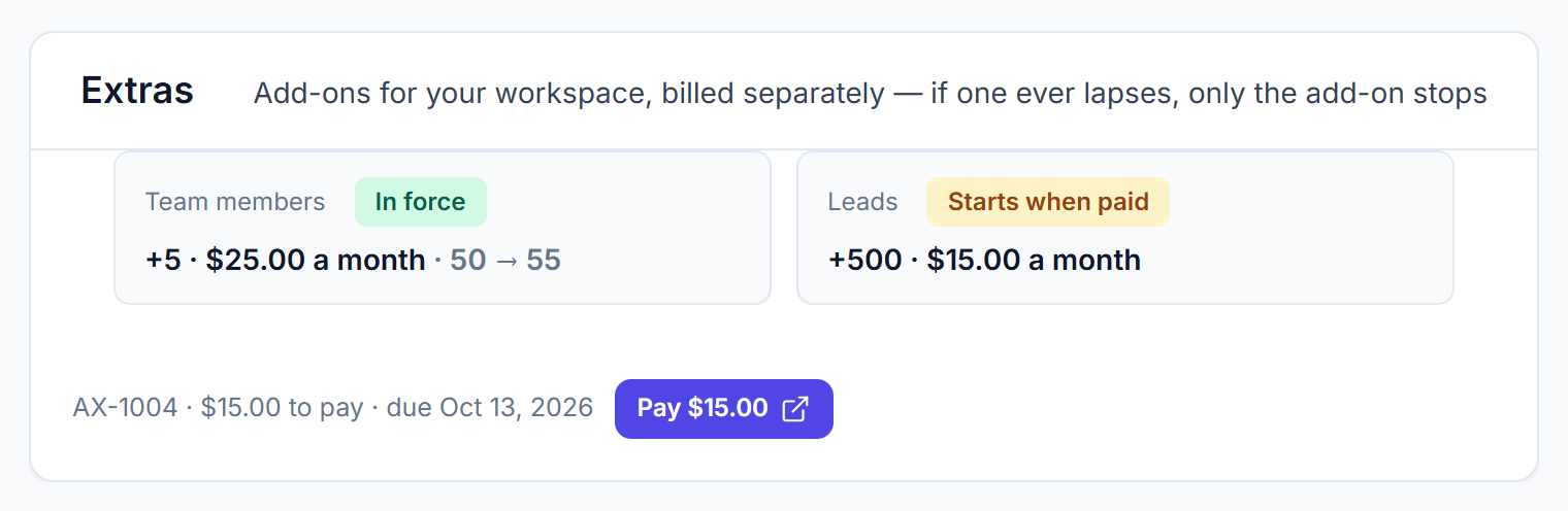 Extras card listing add-ons and the add-on bill to pay