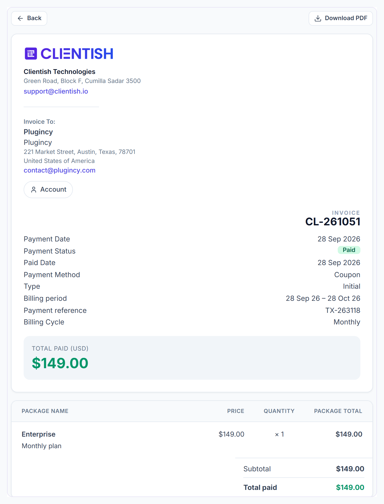 Clientish invoice detail with payment details and the Download PDF button